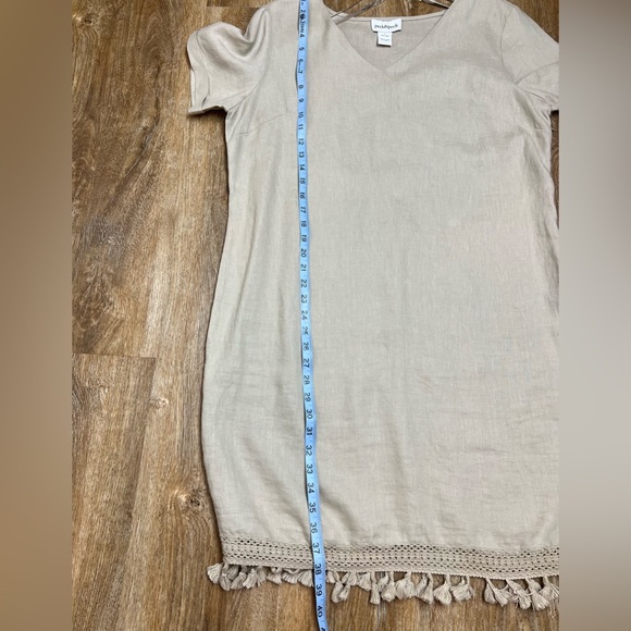 Peck & Peck 100% Linen Dress, Tan V-Neck Tassel Trim Sz L Side Ziper - Picture 7 of 11